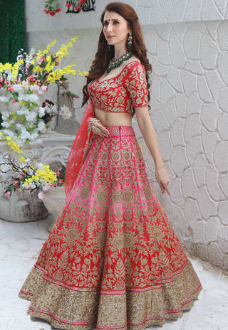 Archana Kochhar-Pink Red Bridal Embroidered Lehenga Set-INDIASPOPUP.COM