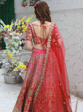 Archana Kochhar-Pink Red Bridal Embroidered Lehenga Set-INDIASPOPUP.COM