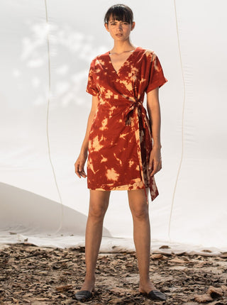 Khara Kapas-Red Dye Wrap Mini Dress-INDIASPOPUP.COM