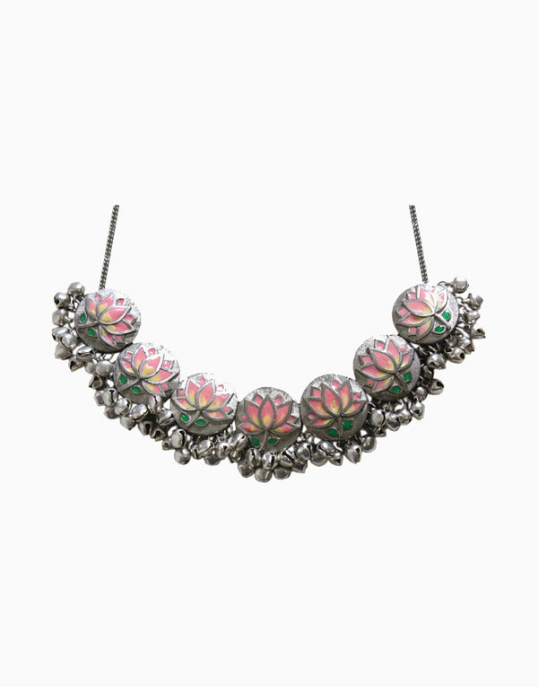 Hyperbole - Pink & Green Lotus Enamel Necklace - INDIASPOPUP.COM