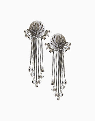 Hyperbole - Silver Lotus Tassel Earrings - INDIASPOPUP.COM