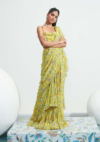 Mahima Mahajan-Yellow Ruffle Embroidered Saree With Blouse-INDIASPOPUP.COM