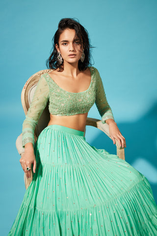Chamee And Palak-Green Mirai Tiered Skirt Set-INDIASPOPUP.COM