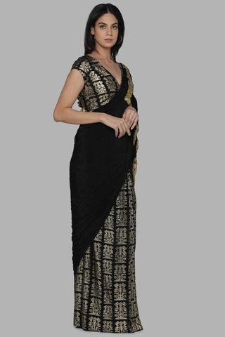 House Of Masaba-Black Crinkle Sari With Unstitched Blouse-INDIASPOPUP.COM