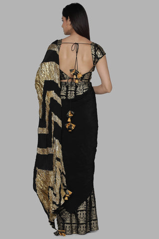 House Of Masaba-Black Crinkle Sari With Unstitched Blouse-INDIASPOPUP.COM