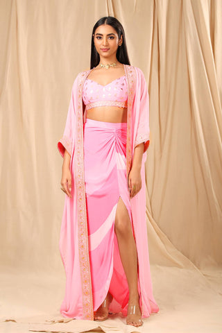 House Of Masaba-Pink Sorbet Bralette With Skirt And Cape-INDIASPOPUP.COM