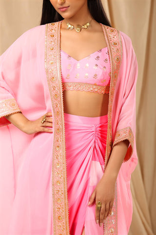 House Of Masaba-Pink Sorbet Bralette With Skirt And Cape-INDIASPOPUP.COM