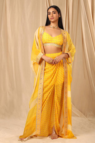 House Of Masaba-Yellow Sorbet Bralette With Skirt And Cape-INDIASPOPUP.COM