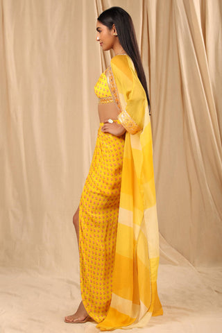 House Of Masaba-Yellow Sorbet Bralette With Skirt And Cape-INDIASPOPUP.COM