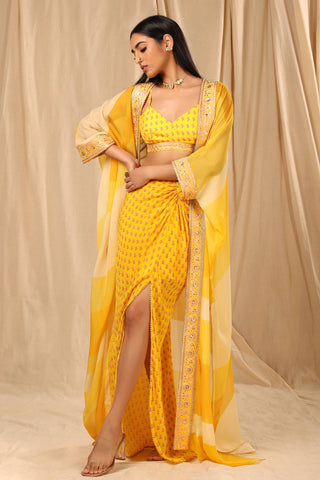 House Of Masaba-Yellow Sorbet Bralette With Skirt And Cape-INDIASPOPUP.COM