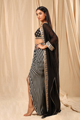 House Of Masaba-Black White Bralette With Skirt And Cape-INDIASPOPUP.COM