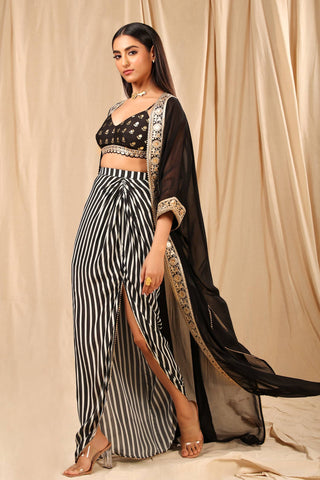 House Of Masaba-Black White Bralette With Skirt And Cape-INDIASPOPUP.COM