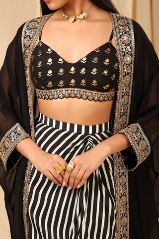 House Of Masaba-Black White Bralette With Skirt And Cape-INDIASPOPUP.COM