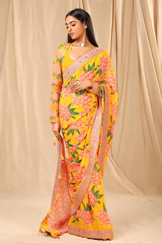 House Of Masaba-Yellow Printed Sari With Unstitched Blouse-INDIASPOPUP.COM