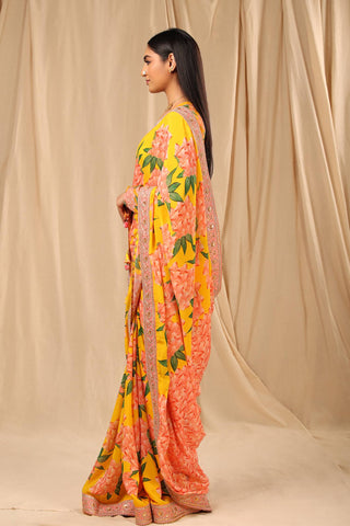 House Of Masaba-Yellow Printed Sari With Unstitched Blouse-INDIASPOPUP.COM