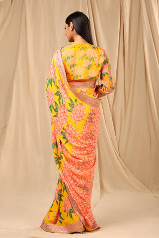 House Of Masaba-Yellow Printed Sari With Unstitched Blouse-INDIASPOPUP.COM