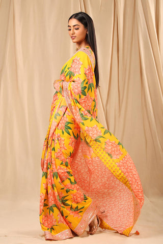 House Of Masaba-Yellow Printed Sari With Unstitched Blouse-INDIASPOPUP.COM