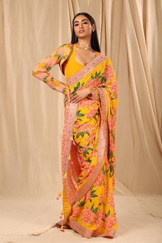 House Of Masaba-Yellow Printed Sari With Unstitched Blouse-INDIASPOPUP.COM