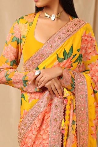 House Of Masaba-Yellow Printed Sari With Unstitched Blouse-INDIASPOPUP.COM