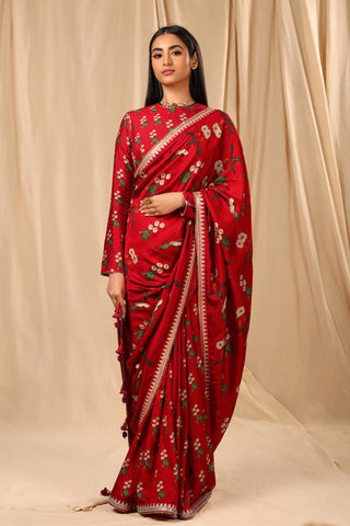 House Of Masaba-Red Spring Blossom Sari With Unstitched Blouse-INDIASPOPUP.COM