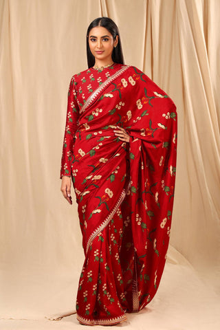 House Of Masaba-Red Spring Blossom Sari With Unstitched Blouse-INDIASPOPUP.COM