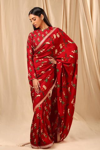 House Of Masaba-Red Spring Blossom Sari With Unstitched Blouse-INDIASPOPUP.COM