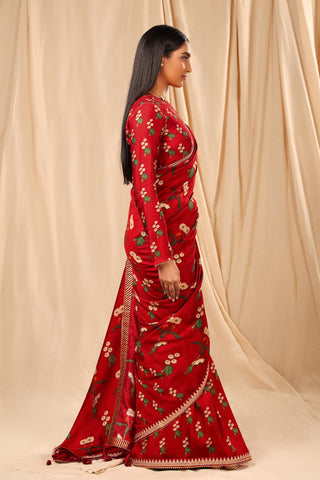 House Of Masaba-Red Spring Blossom Sari With Unstitched Blouse-INDIASPOPUP.COM