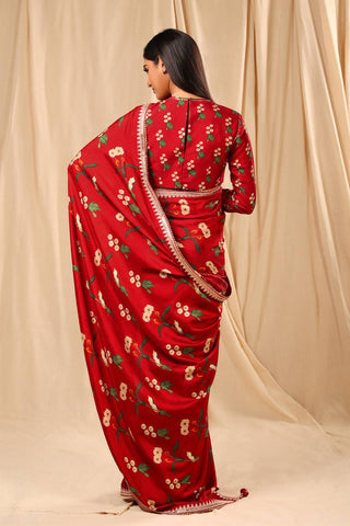 House Of Masaba-Red Spring Blossom Sari With Unstitched Blouse-INDIASPOPUP.COM