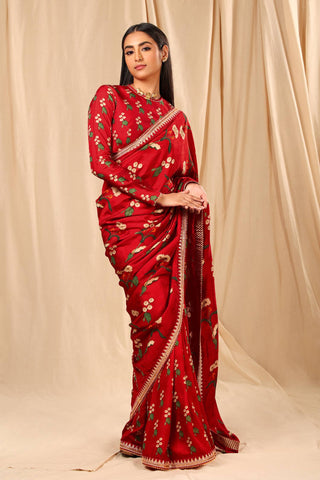 House Of Masaba-Red Spring Blossom Sari With Unstitched Blouse-INDIASPOPUP.COM