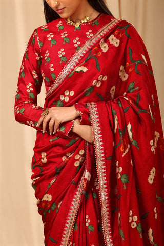 House Of Masaba-Red Spring Blossom Sari With Unstitched Blouse-INDIASPOPUP.COM