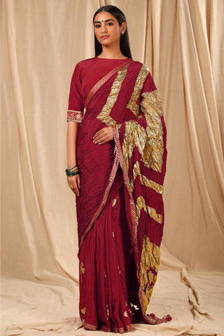 House Of Masaba-Maroon Vintage Sari With Unstitched Blouse-INDIASPOPUP.COM