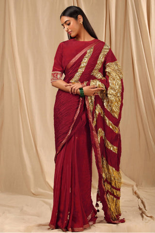 House Of Masaba-Maroon Vintage Sari With Unstitched Blouse-INDIASPOPUP.COM