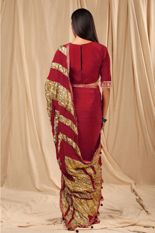 House Of Masaba-Maroon Vintage Sari With Unstitched Blouse-INDIASPOPUP.COM