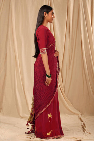 House Of Masaba-Maroon Vintage Sari With Unstitched Blouse-INDIASPOPUP.COM