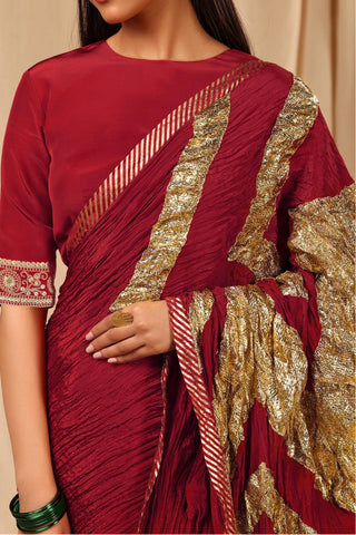 House Of Masaba-Maroon Vintage Sari With Unstitched Blouse-INDIASPOPUP.COM