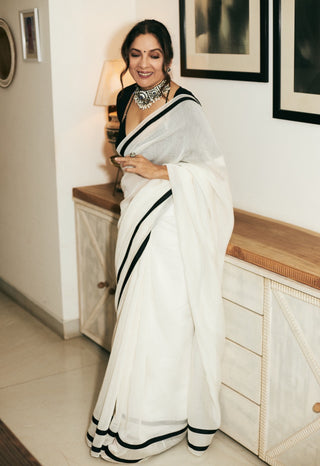 House Of Masaba-Ivory Sari With Unstitched Blouse-INDIASPOPUP.COM