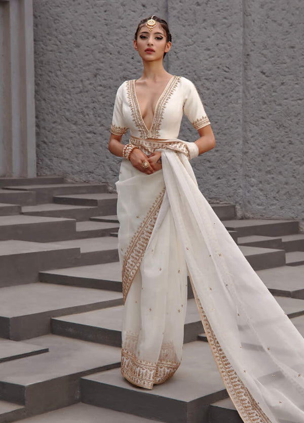 Pearl White Zardozi Designer Party Wear Saree – Dailybuyys