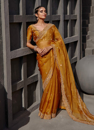 Jigar Mali-Tuscan Mustard Saree With Blouse-INDIASPOPUP.COM