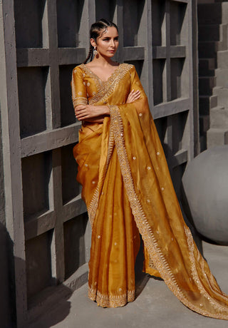 Jigar Mali-Tuscan Mustard Saree With Blouse-INDIASPOPUP.COM