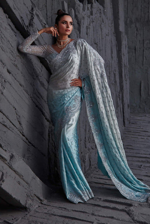 Ice blue sari with metallic blouse | Embellished blouse, Metallic blouses,  Chiffon saree