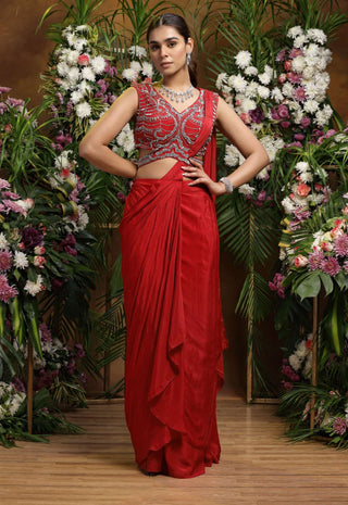 Khalom-Red Drape Sari With Blouse-INDIASPOPUP.COM