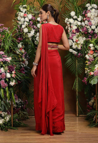 Khalom-Red Drape Sari With Blouse-INDIASPOPUP.COM