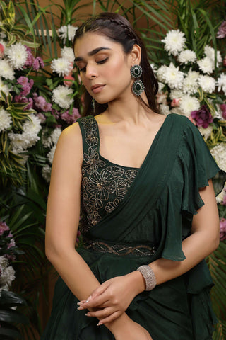 Khalom-Green Frill Drape Sari Set-INDIASPOPUP.COM