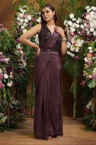 Khalom-Violet Drape Sari Set-INDIASPOPUP.COM
