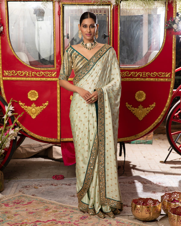 Megha & Jigar-Sea Green Embroidered Saree-INDIASPOPUP.COM