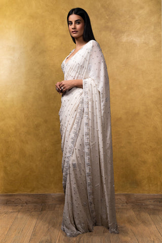 Nitika Gujral-Off-White Georgette Saree With Blouse-INDIASPOPUP.COM