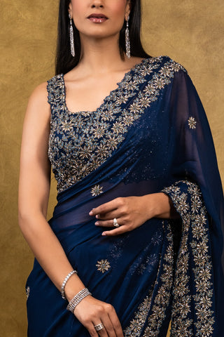 Nitika Gujral-Midnight Blue Georgette Saree With Blouse-INDIASPOPUP.COM