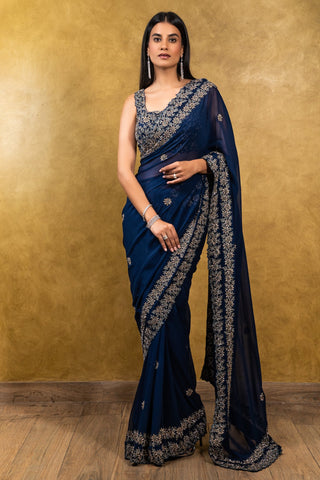 Nitika Gujral-Midnight Blue Georgette Saree With Blouse-INDIASPOPUP.COM
