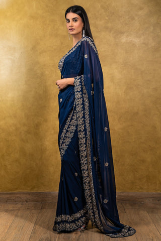 Nitika Gujral-Midnight Blue Georgette Saree With Blouse-INDIASPOPUP.COM