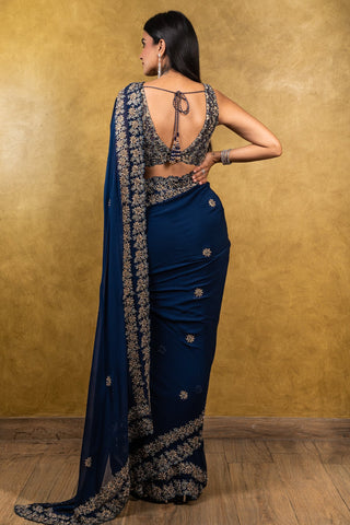 Nitika Gujral-Midnight Blue Georgette Saree With Blouse-INDIASPOPUP.COM